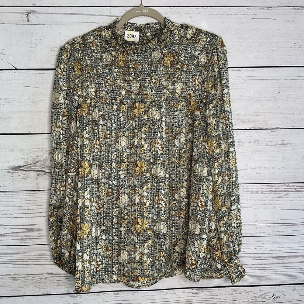 NWOT Maison d' Amelie Yellow/Silver Floral Long Sleeve Blouse Women L‎ China